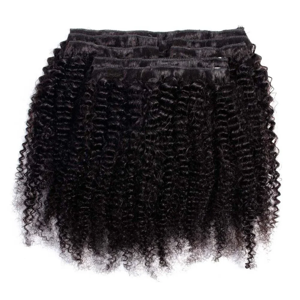 Kinky Curly Clip In Extensions Human Hair 14 Inch Natural Black 7Pcs